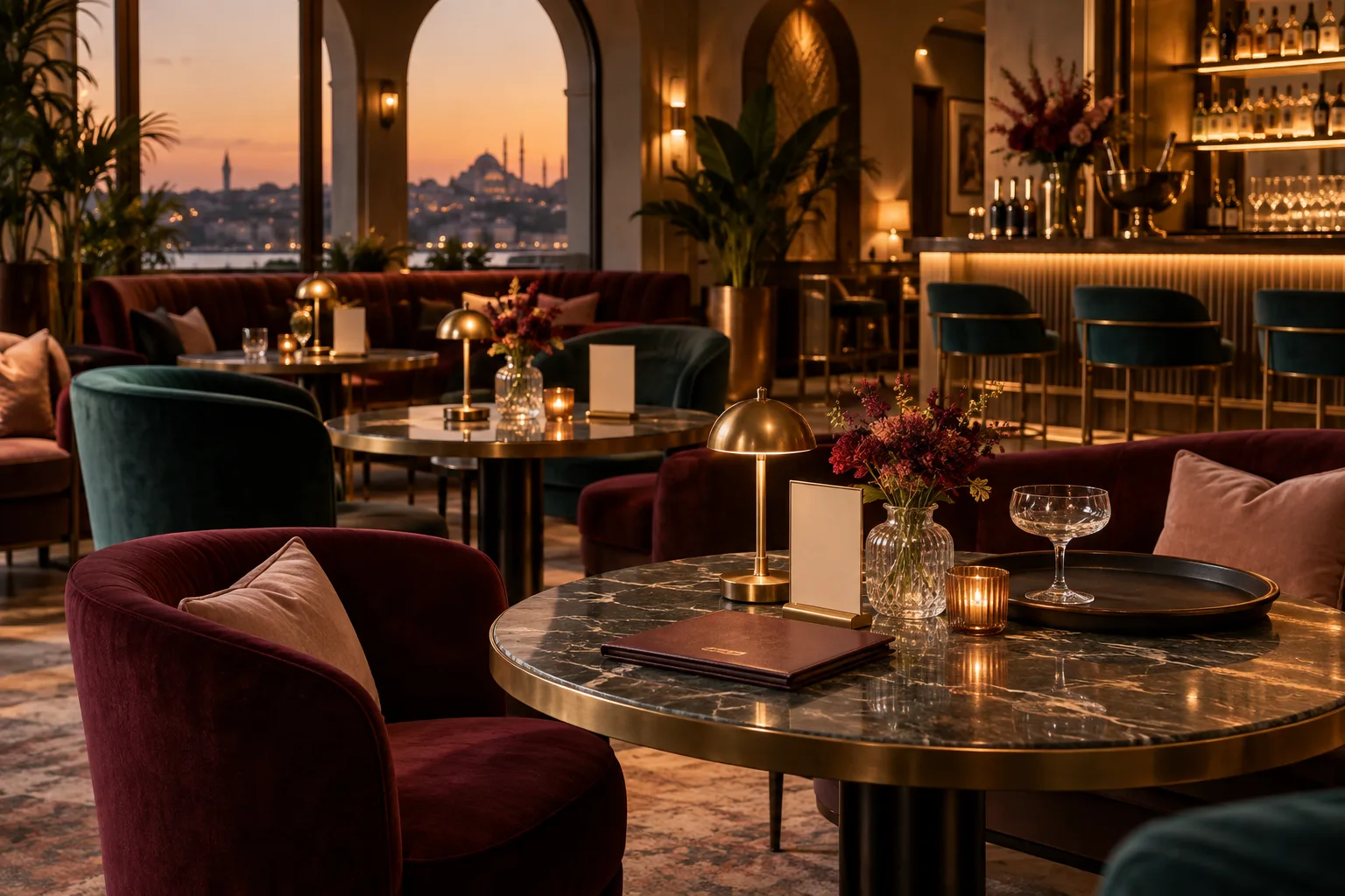 Akşam ışığında düzenli masa alanları ve servis ekipmanları bulunan cafe lounge