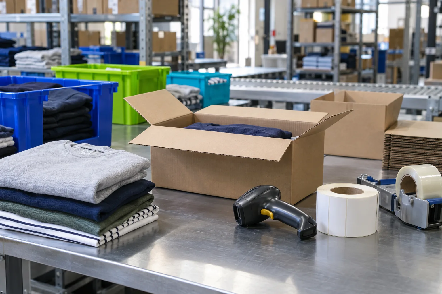 Tekstil ürünleri, boş etiket rulosu, barkod okuyucu ve paketleme kutuları